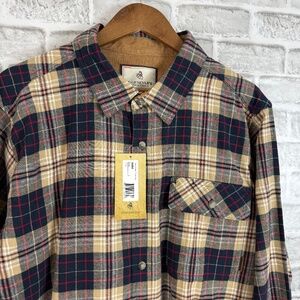 Legendary Whitetails Buck Camp Flannel Cream & Navy Plaid Button Shirt LARGE NWT